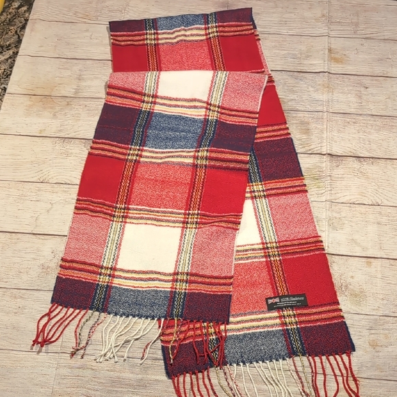 Cashmere Red Blue White Plaid Made In Scotland Scarf Fringe - Picture 1 of 8